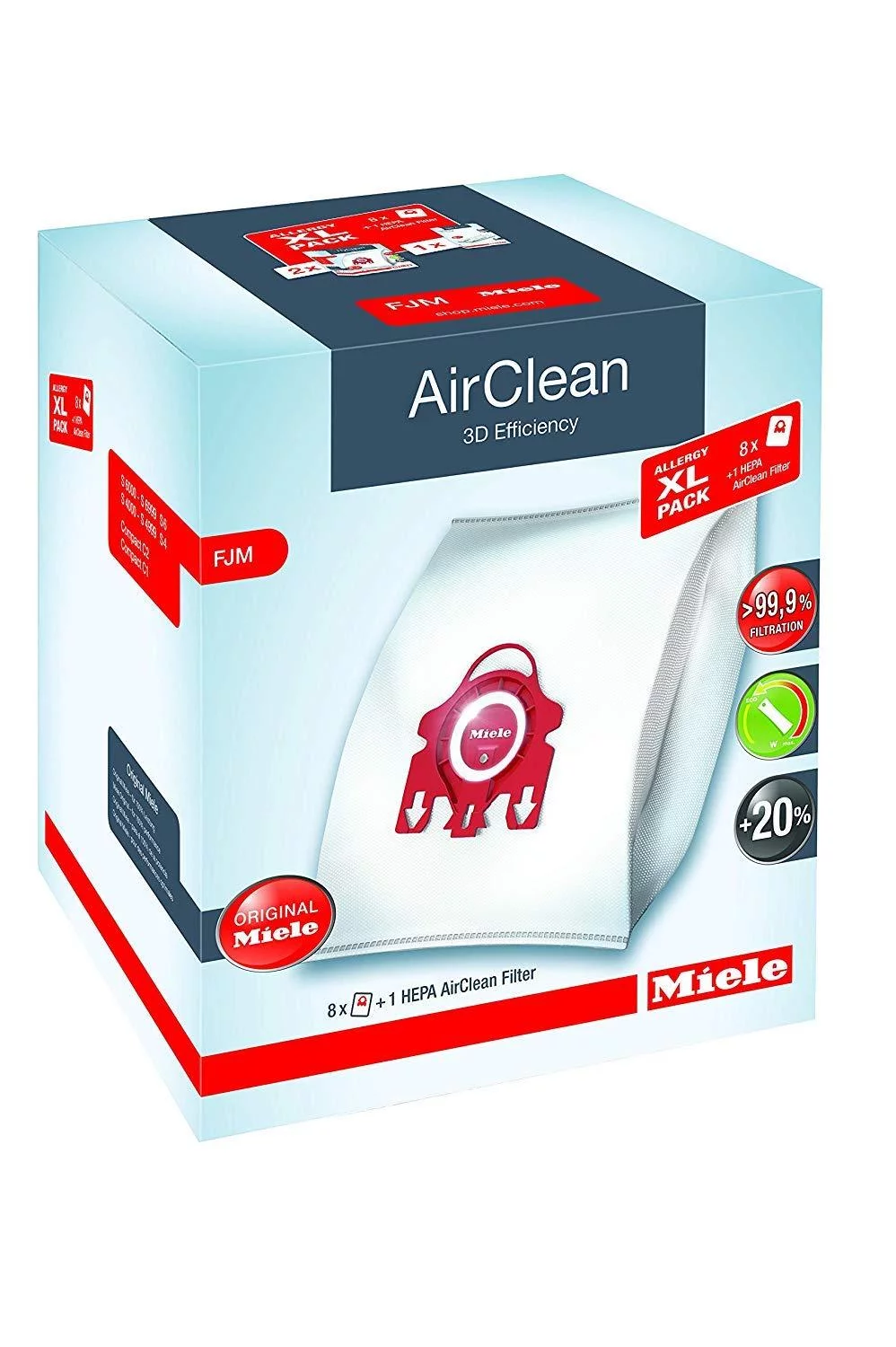 Miele AirClean 3D Efficiency Dust Bag, Type FJM, Allergy XL-Pack, 8 Bags, 2 Pre-Motor Filters, and 1 HEPA Filter Allergy XL Pack