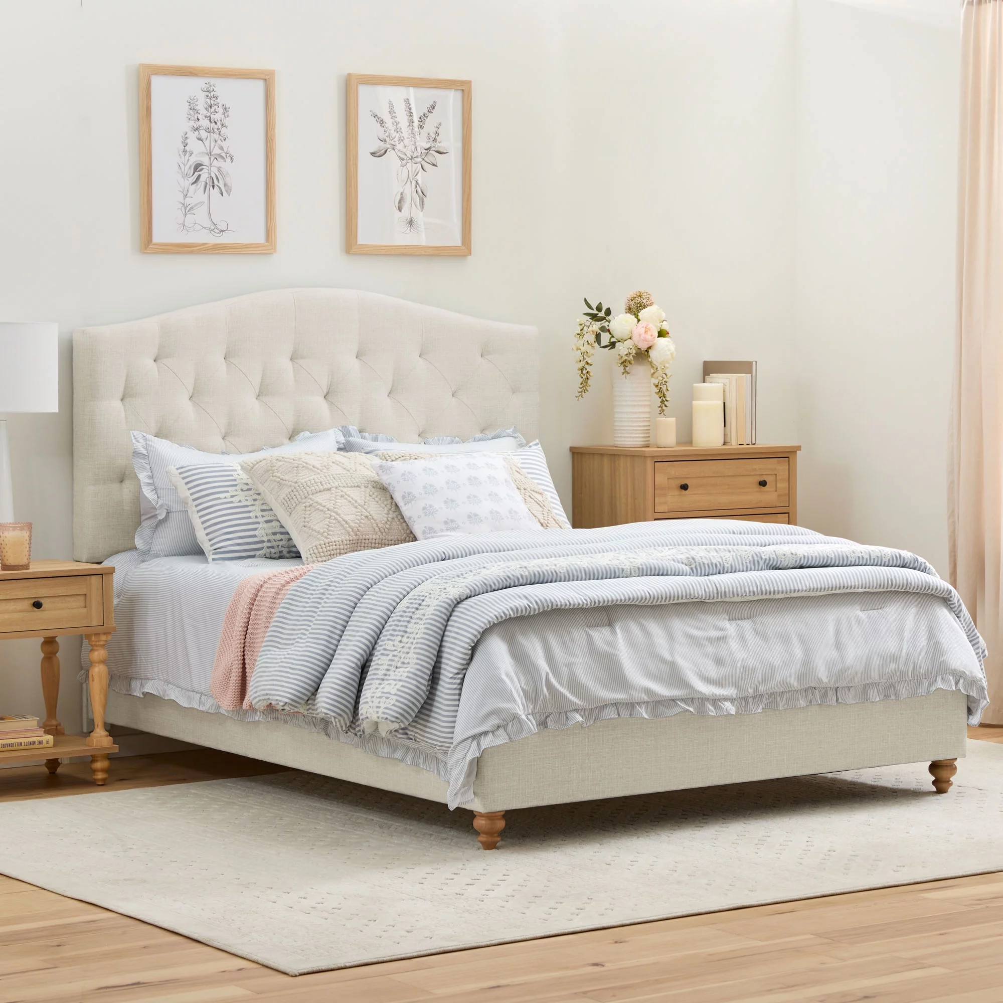 My Texas House Anna Upholstered Diamond Tufted Platform Bed, Queen, Oat