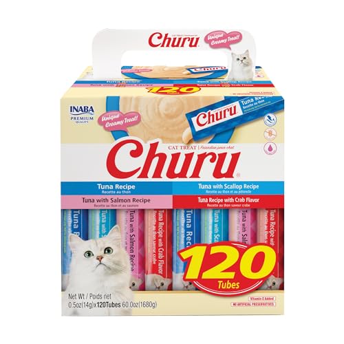 INABA Churu Cat Treats, Lickable, Squeezable Creamy Purée with Vitamin E, 0.5 Ounces per Tube, 120 Tubes Total, Chicken Variety