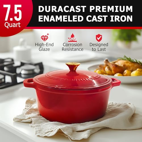 Mueller 6qt Enameled Cast Iron Dutch Oven, Heavy-Duty Casserole and Braiser Pan with Lid and Knob, Oven-Safe up to 500° F & Across All Cooktops, White