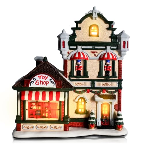 Aircity Christmas Ceramic Village House with LED Light, Handcrafted Holiday Decor for Tabletop and Desk, Shop Theme for Home Décor