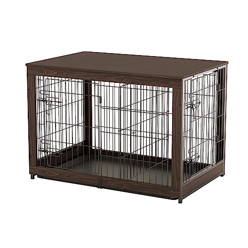 Piskyet Wooden Dog Crate Furniture with Divider Panel, Dog Crate End Table with Fixable Slide Tray, Double Doors Dog Kennel Indoor for Dogs(L:37.8