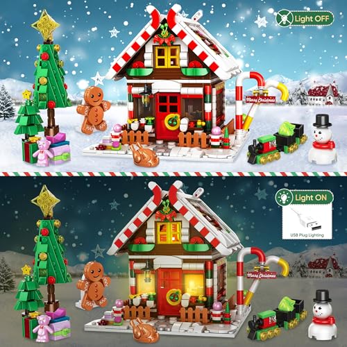 Christmas Gingerbread House Building, Christmas Village House Building Set, Contain Christmas Tree and Train, Xmas Brick Toy Gifts for Adults Teens and Kids 1288PCS