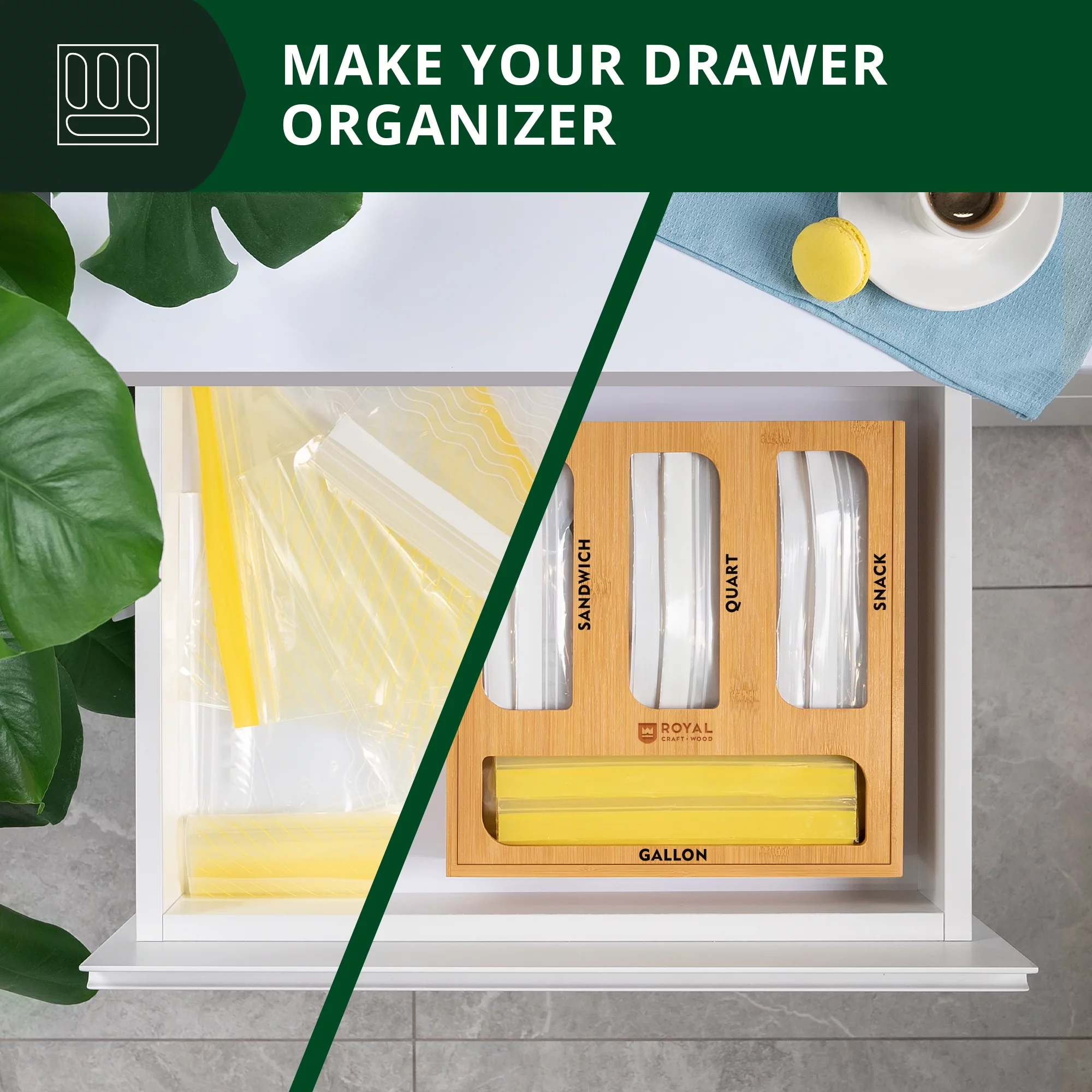 Bamboo Ziplock Bag Storage Organizer for Kitchen Drawer & Wall Mount, 4 in 1 - Food Storage Bags Container with Slider - Fits Any Brand Gallon, Quart, Sandwich, and Snack Food Bags