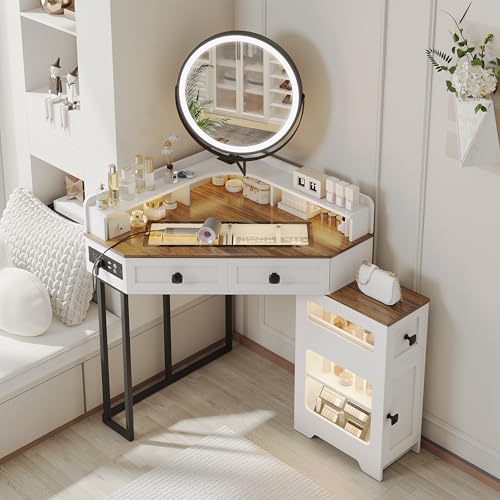 Corner Vanity Desk with Mirror and Lights, Modern Makeup Vanity with Charging Station & Human Sensor Light, Glass Top Dressing Table with 4 Drawers & Shelves for Bedroom (White)
