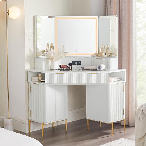 T4TREAM Corner Vanity Desk with Mirror and Lights, Fluted Vanity with Glass Top, Fixed Three-Panel Mirror & Charging Outlet, Dressing Table with 3 Drawers & 2 Storage Cabinets for Bedroom, White