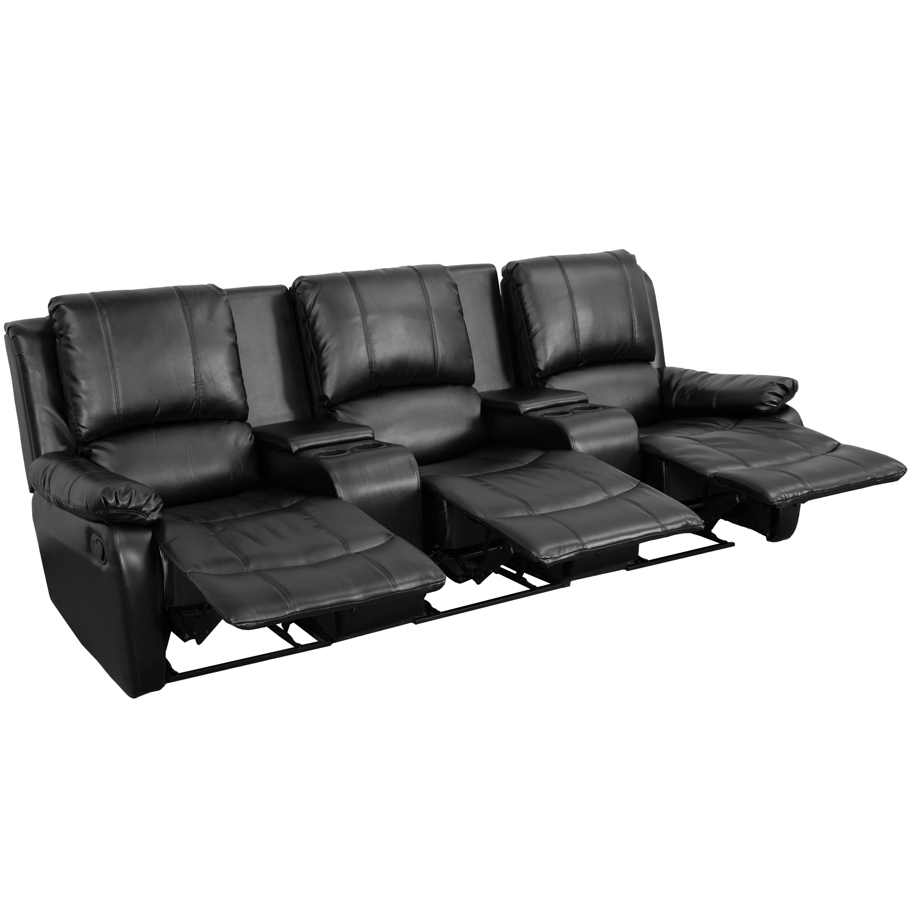 Flash Furniture Allure Series 3-Seat Reclining Pillow Back Black LeatherSoft Theater Seating Unit with Cup Holders