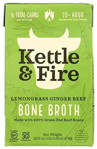 Kettle and Fire Organic Lemongrass Ginger Beef Bone Broth, USDA Organic, Gluten Free, Preservatives Free, 16.9 Fluid Ounce (Pack of 6)