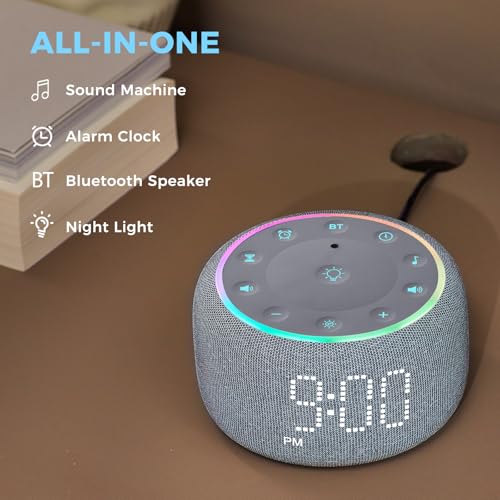 White Noise Machine Alarm Clock for Bedrooms - 5W Stereo Bluetooth Speaker - 24 Soothing Sounds - 9 Night Lights - Auto-Dimmable Digital Alarm Clock Sound Machine for Sleeping