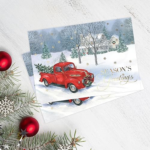 Masterpiece Holiday Greetings Trimmed In Scarlet Christmas Cards / 16 Boxed Snowy Cardinal Wreath Holiday Cards With Silver Foil Lined Envelopes / 5 5/8