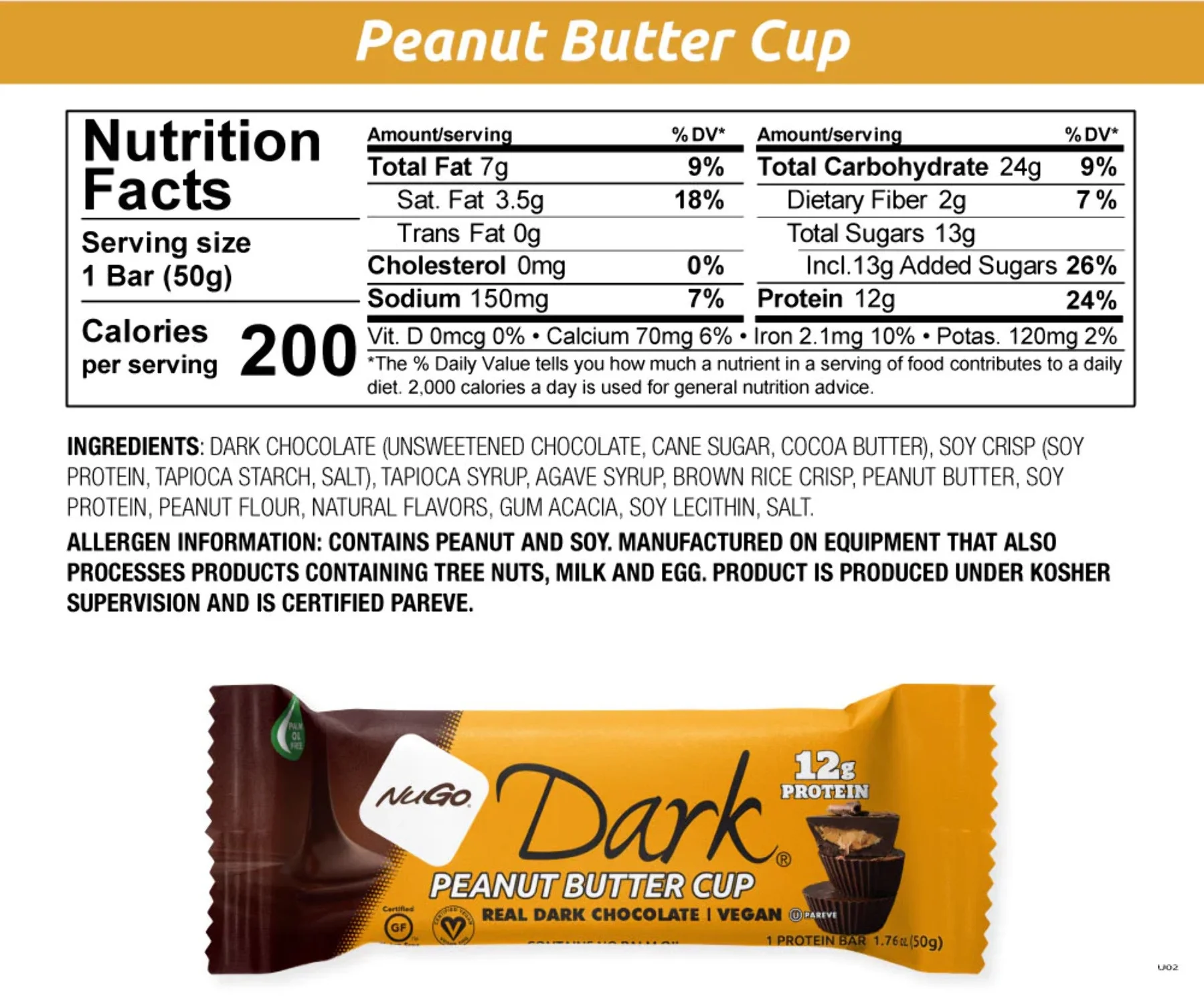 NuGo Dark Chocolate Peanut Butter Cup, 12g Vegan Protein, Gluten Free, 12 Count