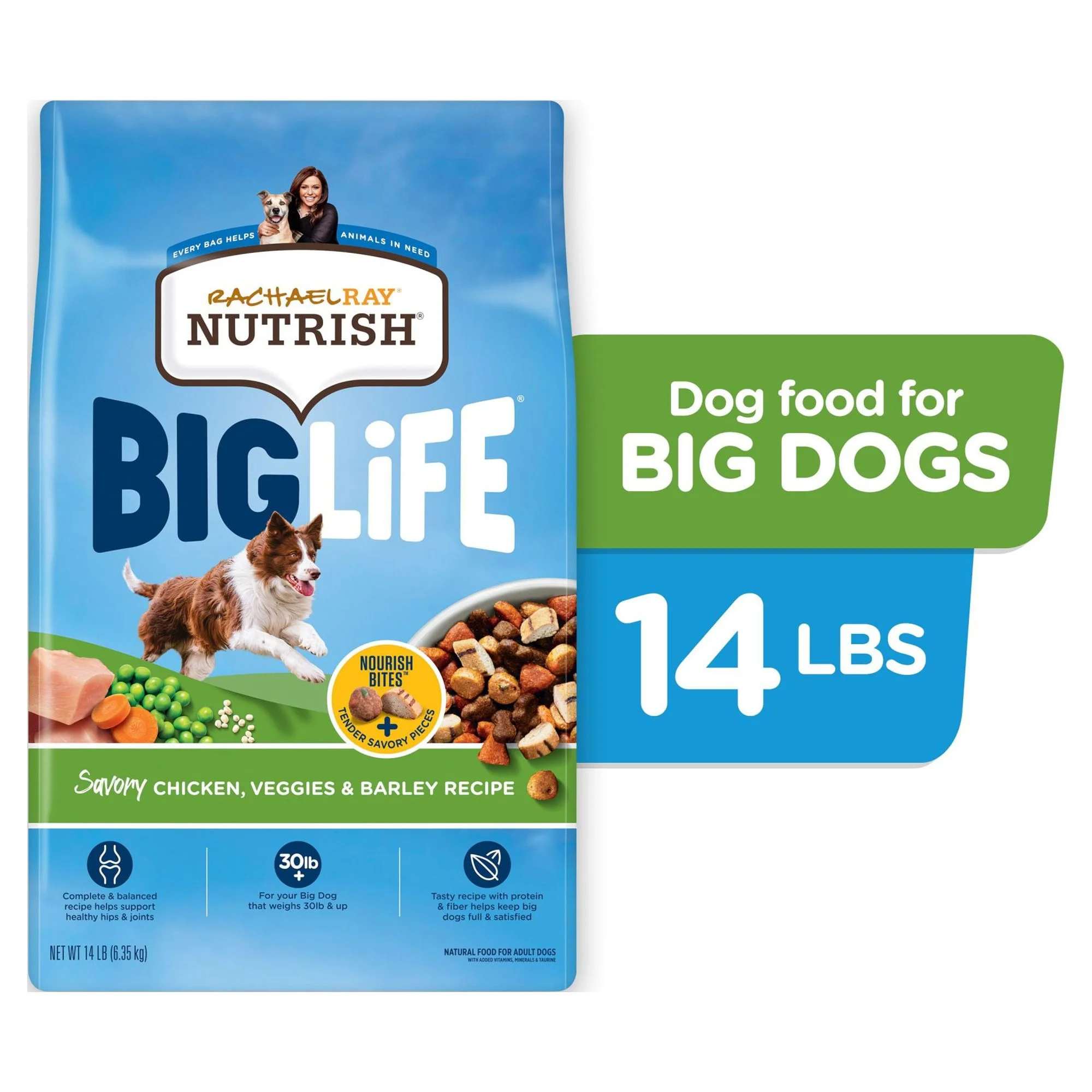 Rachael Ray Nutrish Big Life Dry Dog Food for Big Dogs, Savory Chicken, Veggies & Barley Recipe, 14 lb Bag