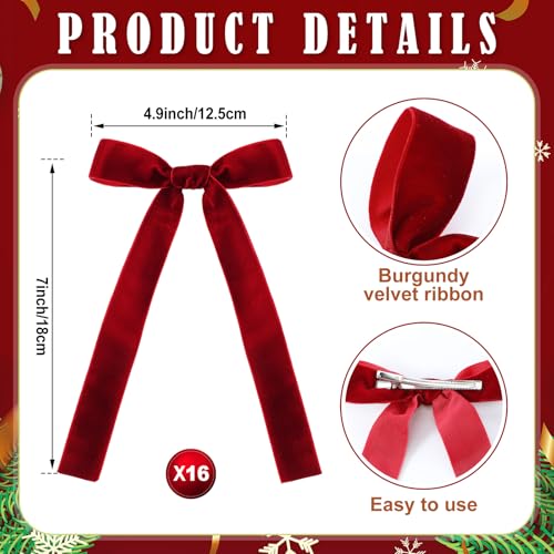 16 Pcs Vintage Christmas Tree Red Bow Ornaments with Clip Burgundy Clip Velvet Bows Ribbon with Easy 5.1x7.1 Inch Pre-Tied Small Ornaments for Xmas Decorations Wreath Gift Indoor Outdoor