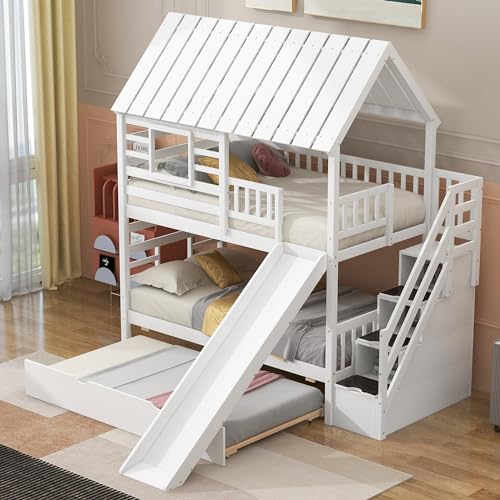 Twin House Bunk Bed with Trundle and Slide, Sturdy Pine Wood Bunk Bed Frame with Storage Staircase, Roof and Window, Space-Saving Design, White