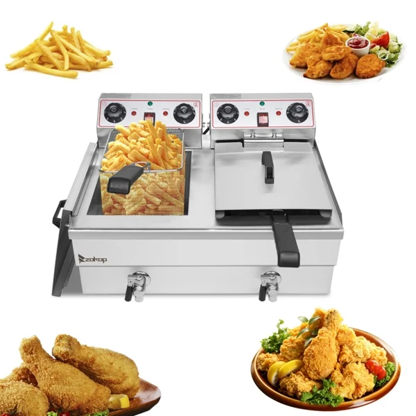 SYTHERS Electric Deep Fryer,EH102V 16.9QT/16L Total Capacity 24.9QT/23.6L Stainless Steel Faucet Double Tank Deep Fryer 3400W MAX (8L 8L Big Blue/Large Handle)