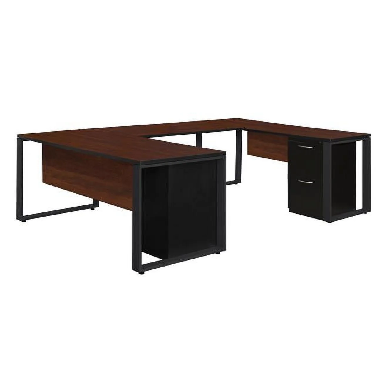 66 x 30 in. Structure Double Metal Pedestal U-Desk with 42 in. Bridge - Cherry & Black
