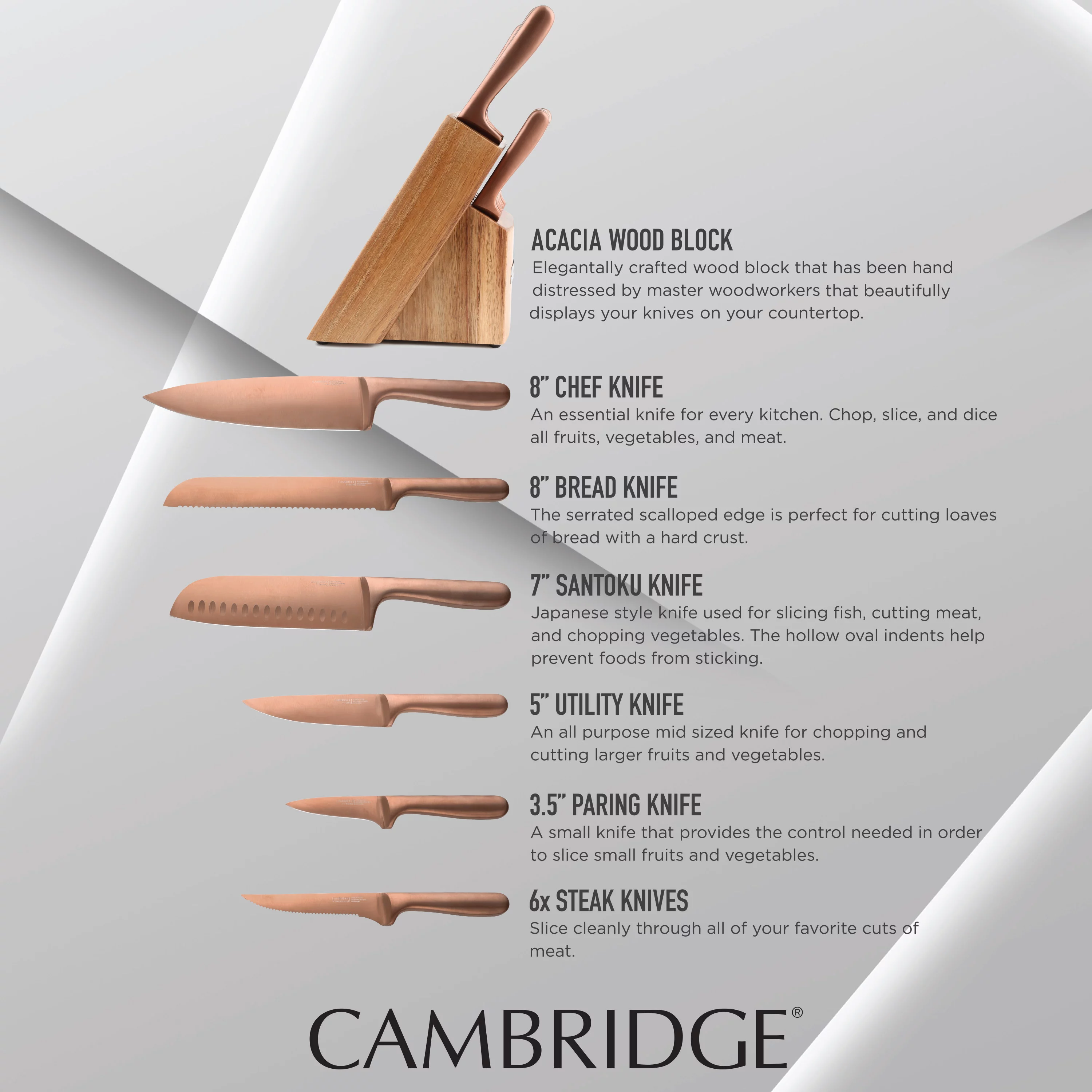 Cambridge Silversmiths Rame Copper 12-Piece Cutlery Set with Block