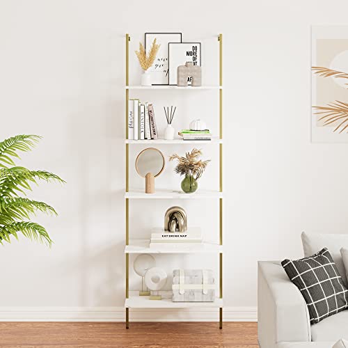 Ladder Shelf 4 Tiers Metal Industrial Bookshelf,White Wooden Tall Open Storage Rack and Display Shelves,Wall Mount Wide Bookcase for Home Office Bedroom,Small