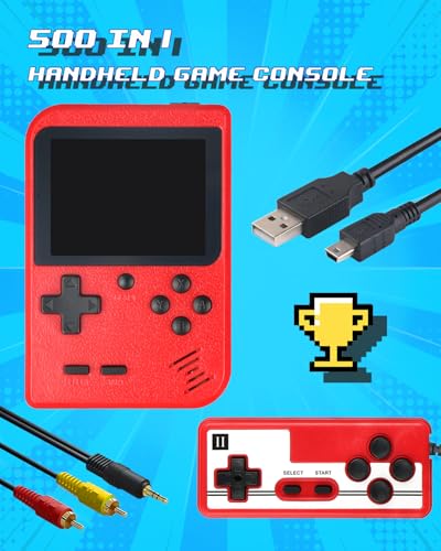 Hikonia Handheld Game Console,Portable Retro Video Game Console with 500 Classical Games,3.0 Inches Screen,1020mAh Rechargeable Battery,Support for TV & Two Players(Red)