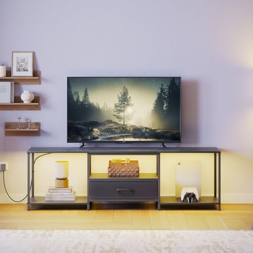 TV Stand with Fabric Drawer for 55 Inch TV, Entertainment Center with Open Shelves, Media TV Console Table for Living Room, Bedroom, Black