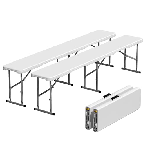 6ft Folding Bench 2 Pack, Plastic Folding Bench for Picnic Camping Dining Party Garden, 6 feet Foldable Benches for Soccer Multipurpose Entertaining Activities, Smooth HDPE Tabletop, White