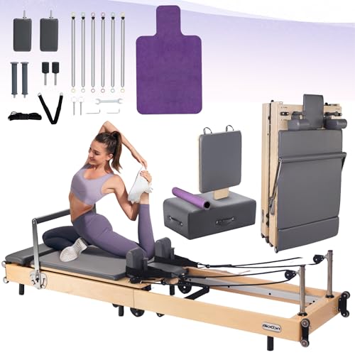 Extended Pilates Reformer, Foldable Wood Pilates Machine with Sitting Box, Jump Board and Anti-Slip Mat for Strength, Rehab & Flexibility, Yoga Exercise Equipment Full Accessories