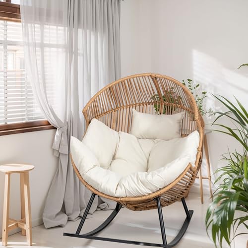 Shintenchi Wicker Egg Chair,Oversized Outdoor Indoor Rocking Chair,Large PE Rattan Rocking Chair with Cushion for Patio, Balcony, Backyard, Garden, Beige