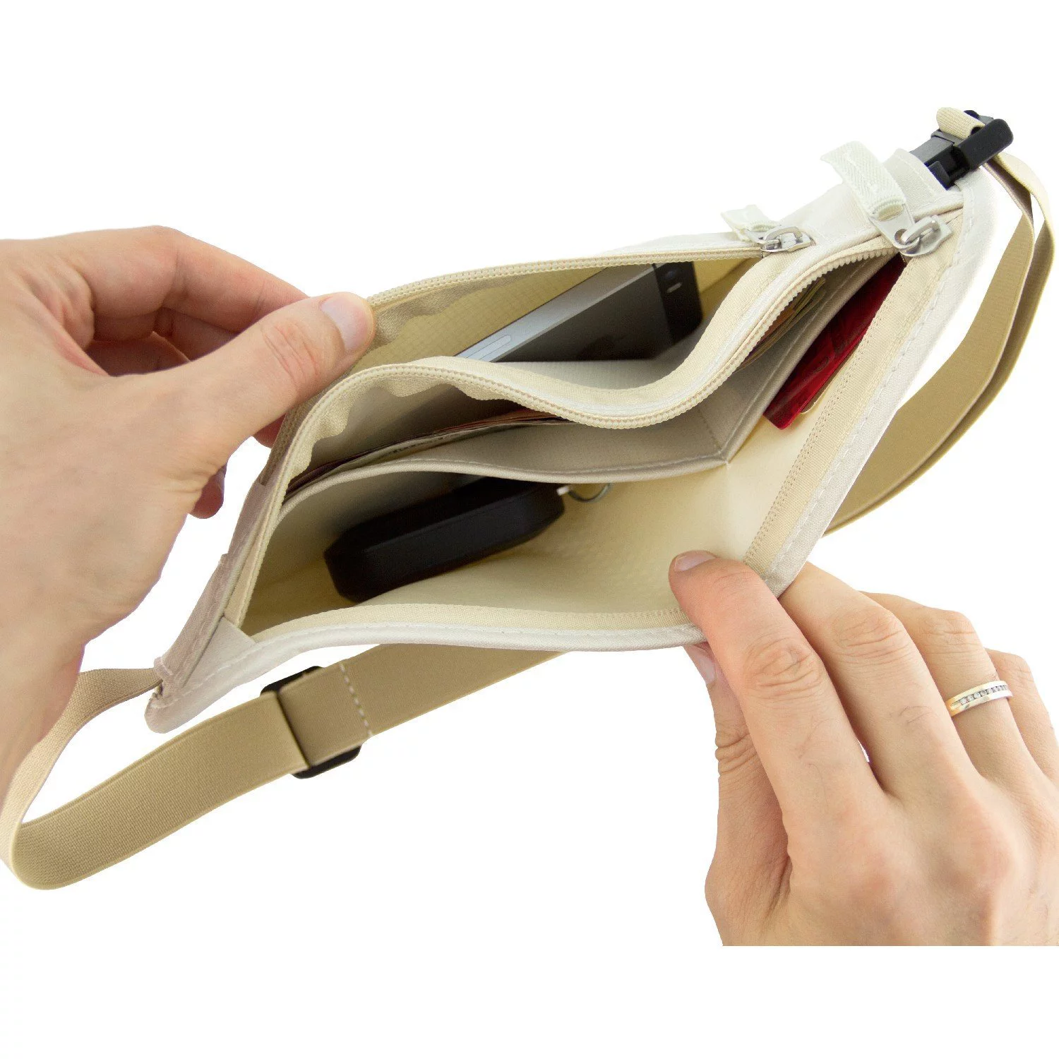 Money Belt - RFID Blocking Money Belt | Safe Waist Bag, Secure Fanny Pack for Men and Women by Boxiki Travel. Fits Passport, Wallet, Phone and Personal Items. Running Belt, Waist Pack (Beige)