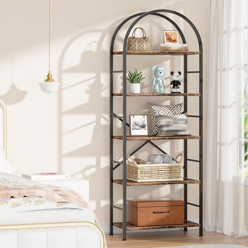 Shintenchi Bookshelf, Arched Bookshelf 5 Tier Bookcase, Tall Shelf for CDs/Books, Home Office Shelf Storage Organizer, Modern Book Shelf for Bedroom/Living Room, Rustic Brown