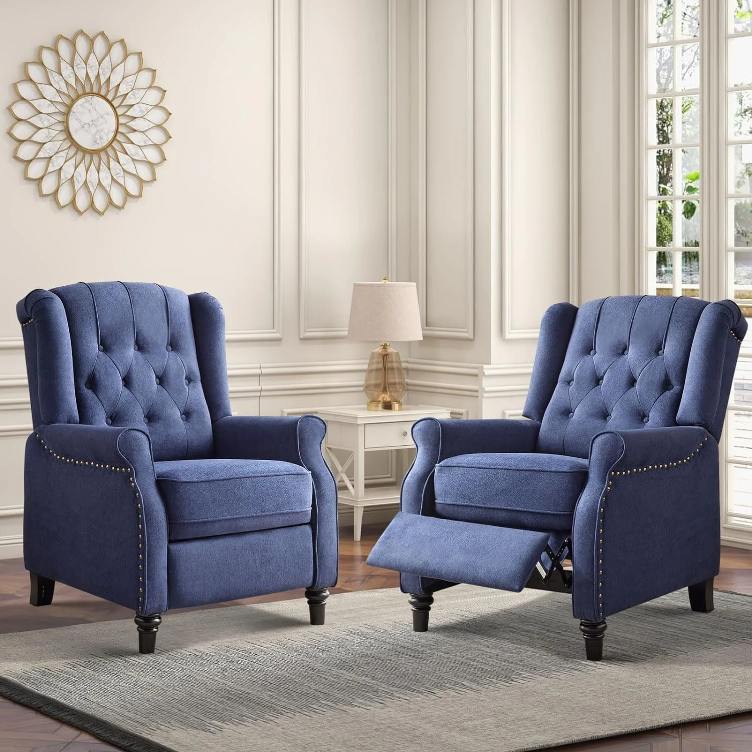 Living Room Chairs Set Of 2, Century Modern Wingback Chair, Fabric Push Back Recliner Chair With Rivet Decoration, Button-Tufted Back, Solid Wood Legs, Blue