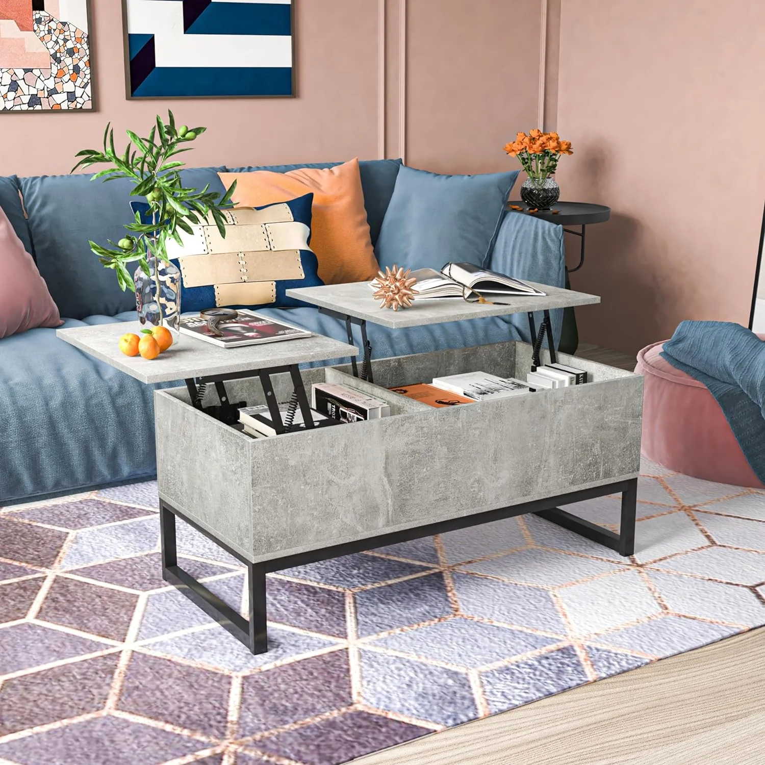 CQSXDA Modern Gray Lift Top Coffee Table with Hidden Compartment and Adjustable Storage Shelf, Mid Century Rustic Dining Table with Alloy Legs for Home, Living Room, Office