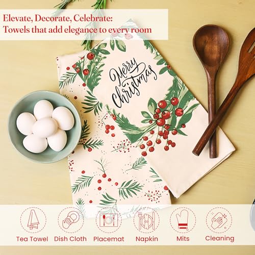 The Fine Living Co. 100% Cotton Merry Christmas Kitchen Towels, 18'x28' Set of 2 (Cherry Red & Green)