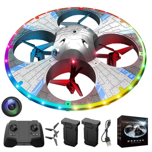 Round Foam RC UFO Drone with Camera, Multi-Color LED Lights (Color Switching), 360° Flips, Speed Adjustment, Remote Control Plane Helicopter, One-Key Takeoff/Landing, Beginner-Friendly FPV Quadcopter Airplane (Silvery)