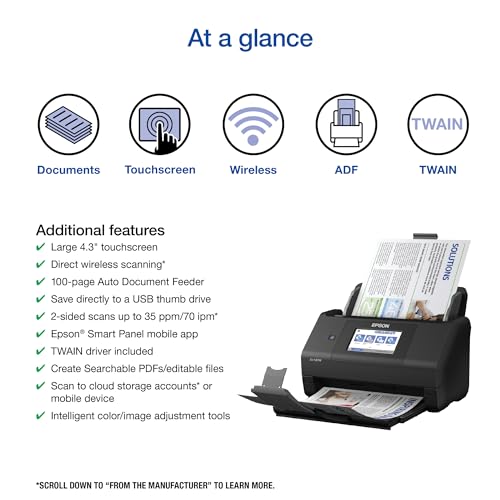 Epson Workforce ES-580W Wireless Color Duplex Desktop Document Scanner for PC and Mac with 100-sheet Auto Document Feeder (ADF) and Intuitive 4.3