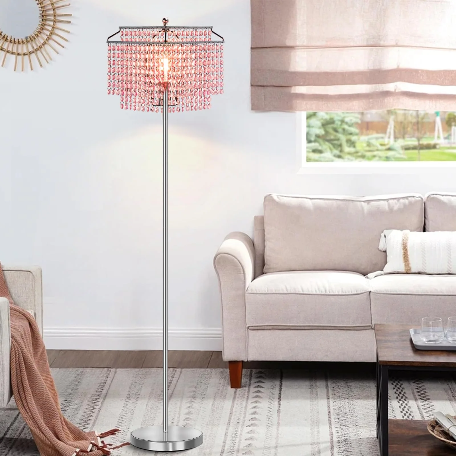 Natyswan Crystal Floor Lamp Pink, Double-Layer Crystal Shade, Metal Floor Lamp for Living Room, Bedroom, Office, 8W LED Bulb Included