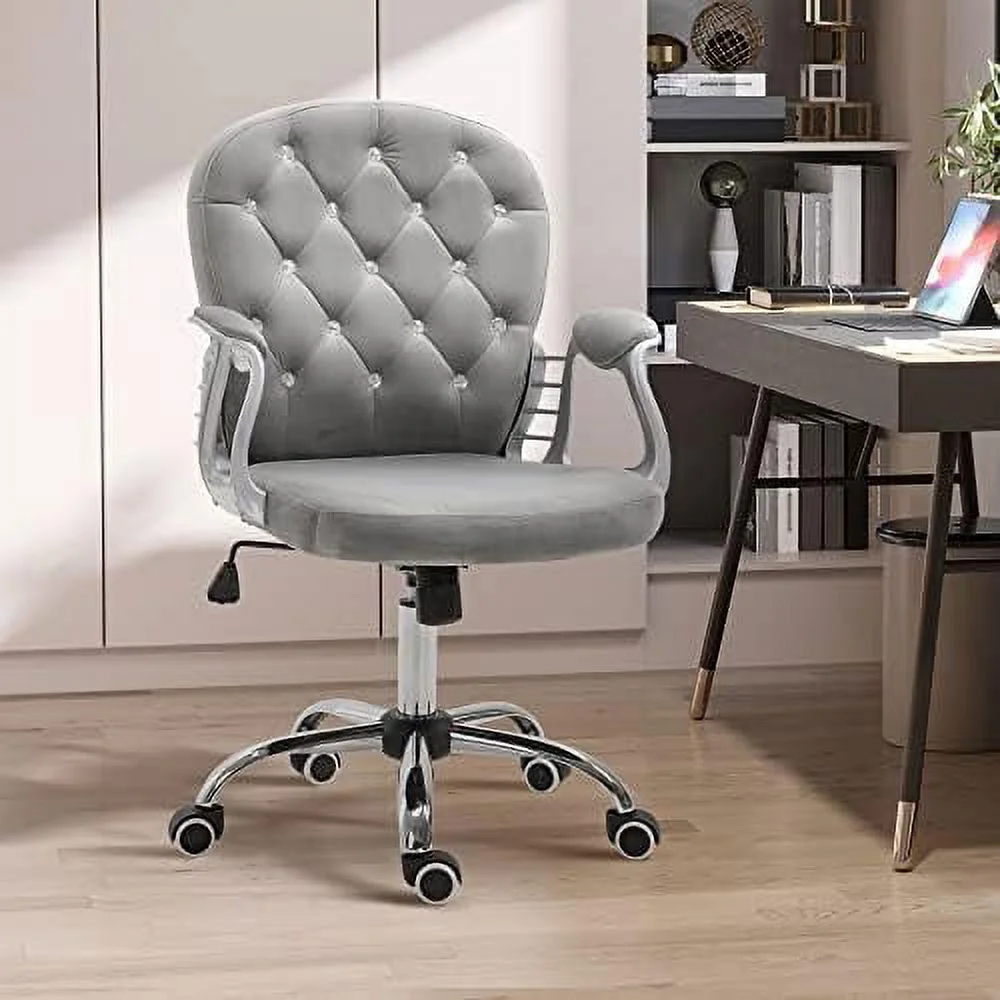 RUNFAYBIU Velvet Home Office Chair  Button Tufted Desk Chair with Padded Armrests  Adjustable Height and Swivel Wheels  Pink