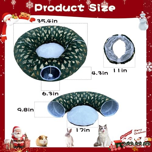 LUCKITTY Christmas Snowflake Print Cat Tunnel Under Tree, Velvet-Touch Jacquard Fabric with Hanging Plush Ball, 10-Inch Diameter 3-Ft Wide Round Pet Tube - Plush & Festive Cat Diversion Red