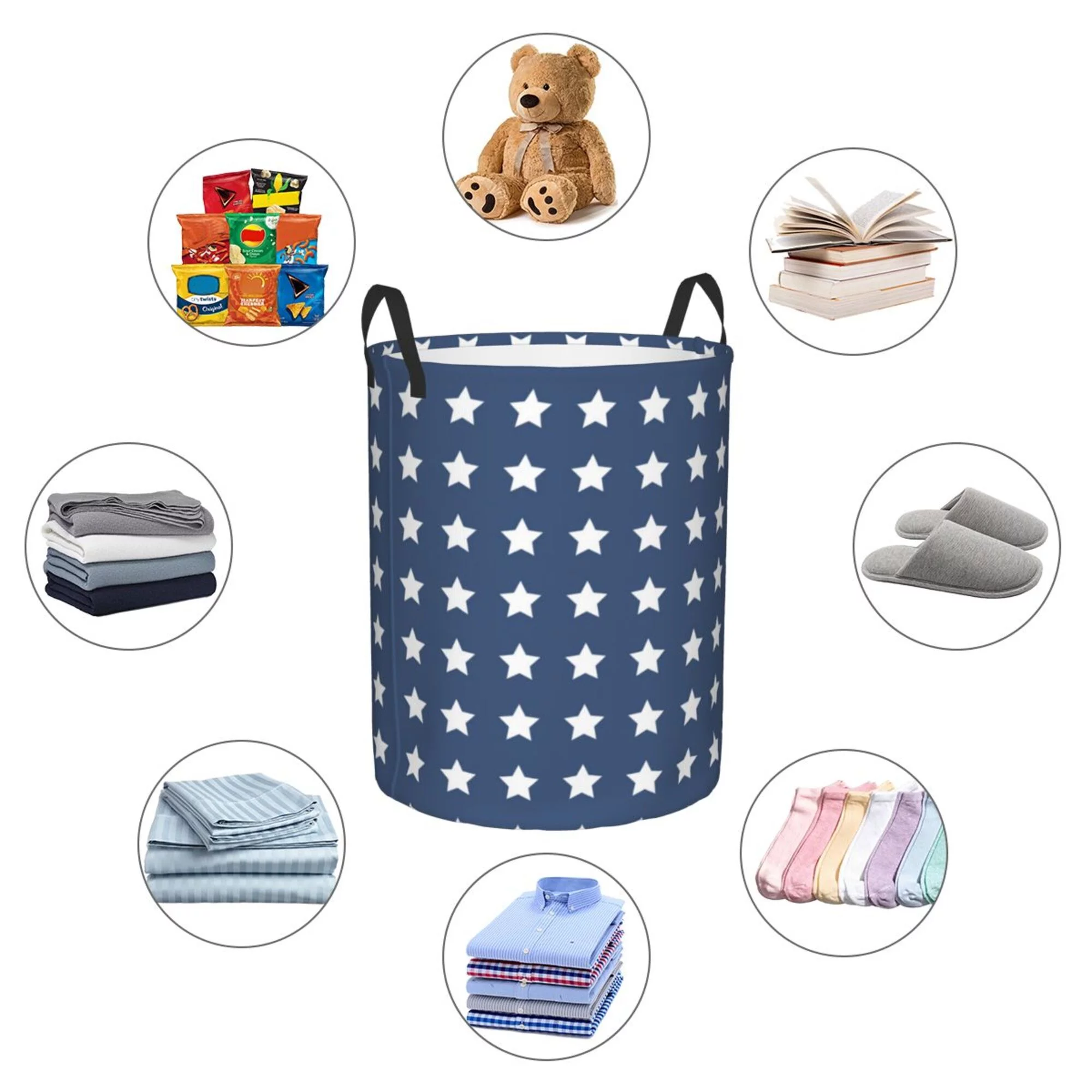 DouZhe Waterproof Collapsible Large Laundry Baskets, Patriotic American Flag Stars Blue White Prints Circular Hamper with Handles