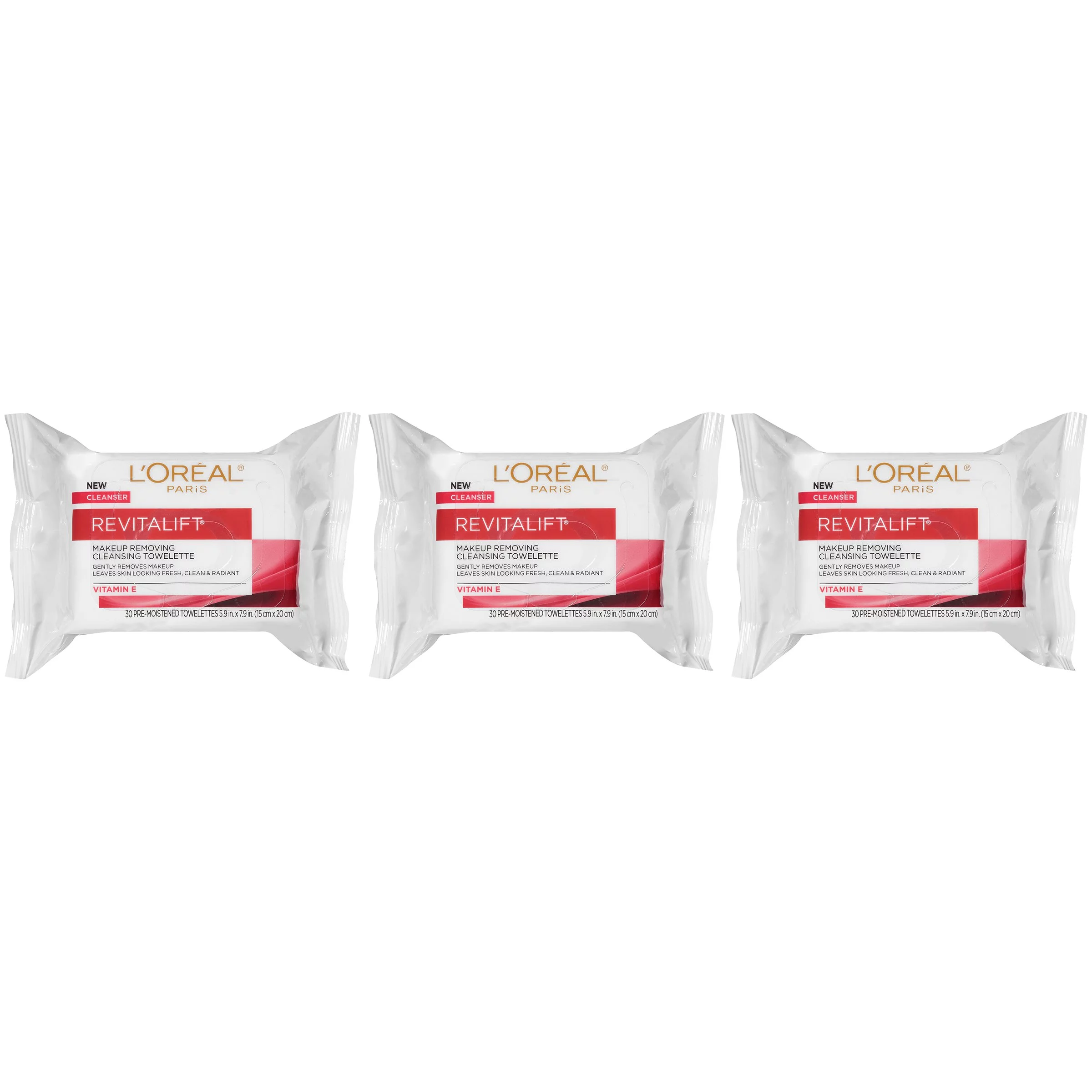 L,Oreal Paris Revitalift Makeup Removing Wipes With Vitamin E, Face Cleansing Towelettes, 30 Count, Pack Of 3