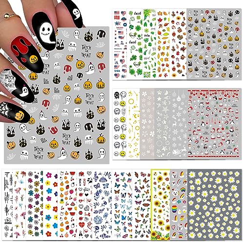 TailaiMei 24 Sheets Holiday Nail Stickers, Halloween, Christmas, Fall, Valentine Mixed All Seasons Variety Pack for Year-Round Seasonal Nail Art Decorations, Self-Adhesive Design Nail Decals
