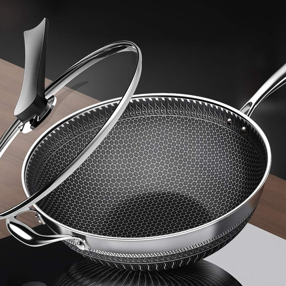 MIDUO Stainless Steel Non Stick Double Sided Honeycomb Cooking Frying Pan w/ Glass Lid