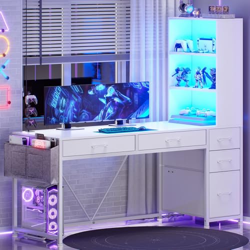 SEDETA Computer Desk with 5 Drawers and Bookshelf, Reversible Home Office Desk with Storage Shelves and File Drawer, Gaming Desk with LED Lights for Small Spaces, White