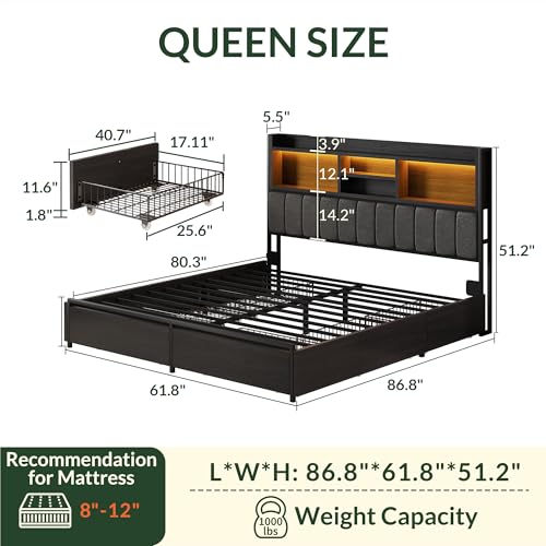 King Size Bed Frame with 6 Storage Drawers and Headboard Wooden Platform Bed Frame with LED Lights and Charging Station Easy Assembly/No Box Spring Needed/Black