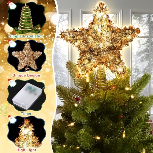 Christmas Tree Topper Farmhouse Christmas Decor Christmas Tree Decorations Rattan Natural Christmas Tree Star with 10 Warm LED Lights for Rustic Christmas Ornaments Holiday Seasonal Decoration 10 Inch