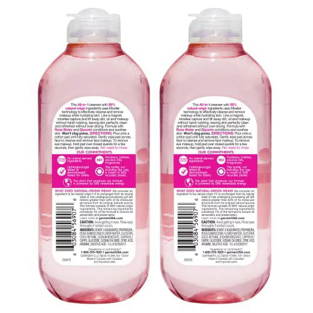 Garnier SkinActive Micellar Water with Rose Water and Glycerin, Facial Cleanser & Makeup Remover, All-in-1 Hydrating, 13.5 fl. oz, 2 count (Packaging May Vary)