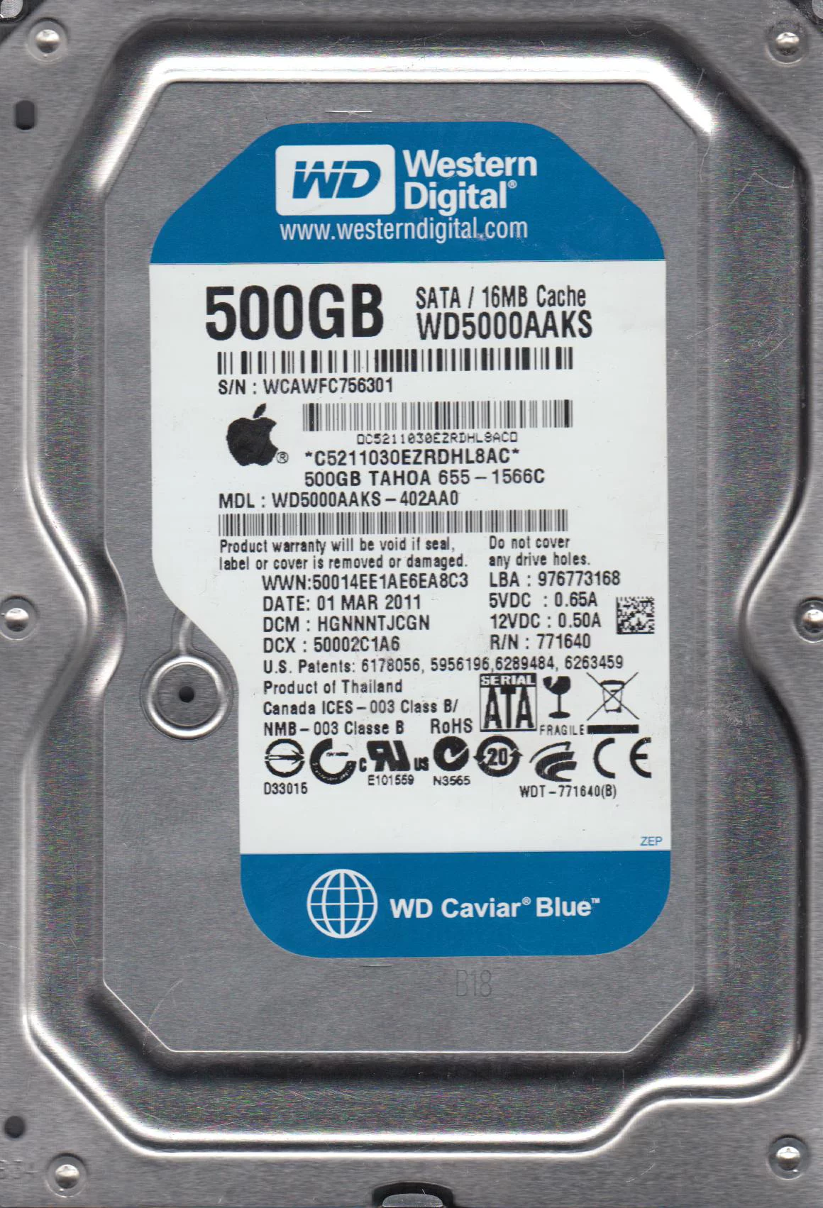 WD5000AAKS-402AA0, DCM HGNNNTJCGN, Western Digital 500GB SATA 3.5 Hard Drive