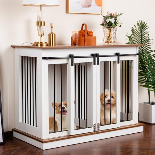 Sunseen Dog Crate Furniture Large Breed Wooden Dog Kennel with Room Divider & 3 Drawer,Double Doors Heavy Duty Dog Crate End Table Indoor TV Stand for Small Medium Large Dog Black,72''W*24''D*35''H