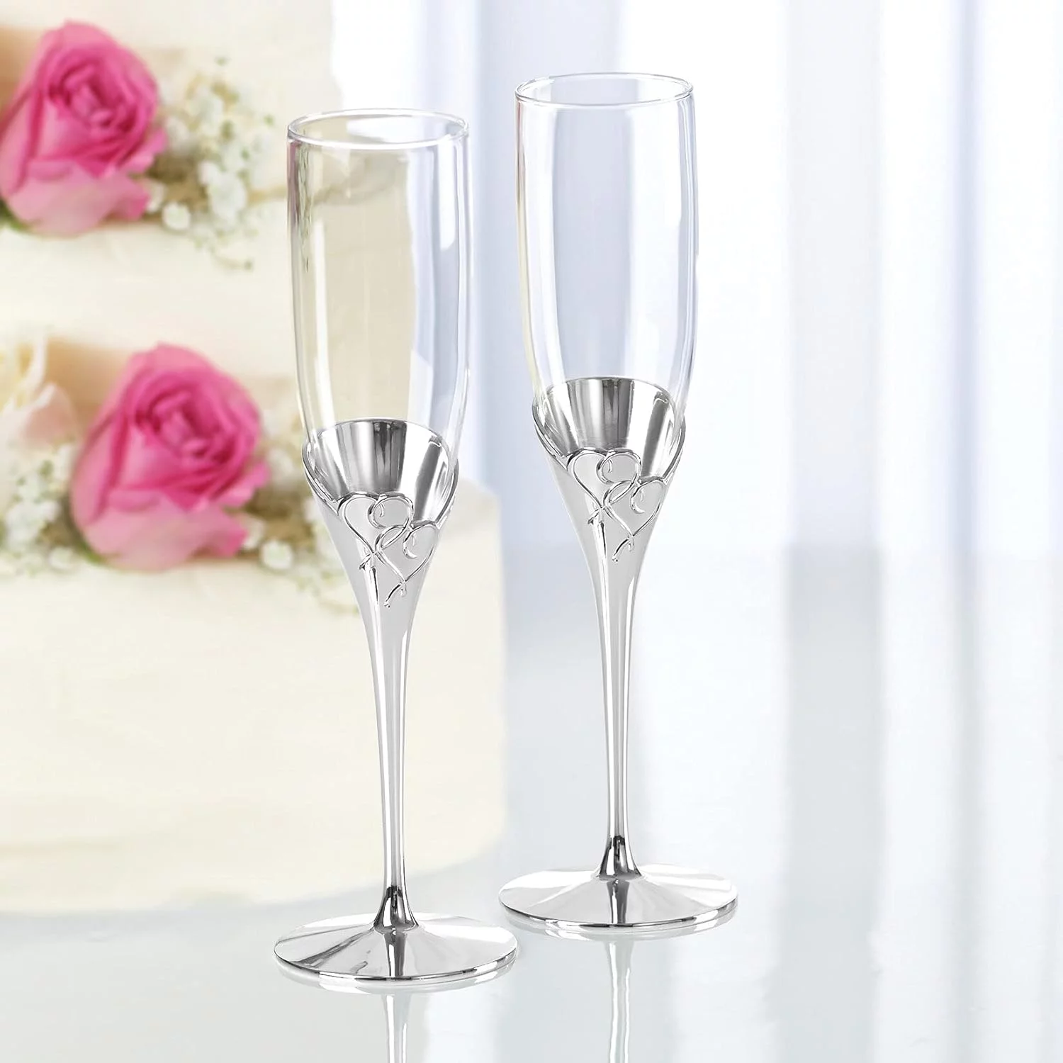 Love Silver Mrs And Mrs Wedding Champagne Flutes, Set Of 2 Engraved Champagne Toasting Glasses For Bride And Bride, Same Sex LGBT Couples 812613