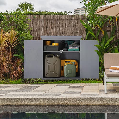 Outsunny Outdoor Storage Cabinet, Outdoor Tool Shed with Galvanized Top and Two Shelves for Yard Tools or Pool Accessories, Gray