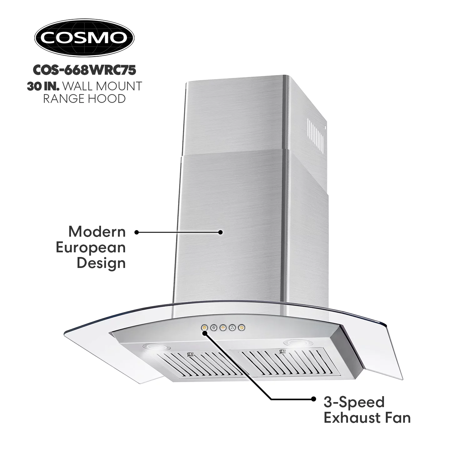 30 in. Ductless Wall Mount Range Hood Kitchen Hood in Stainless Steel with Push Button Controls, LED Lighting and Carbon Filter Kit for Recirculating